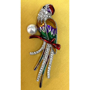 NWOT Parrot Bird Brooch Pin Enamel Rhinestone Faux Pearl Silver Toned
